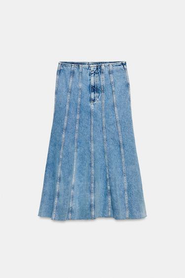 Zara Z1975 SEAMED DENIM MIDI SKIRT - Mid-blue