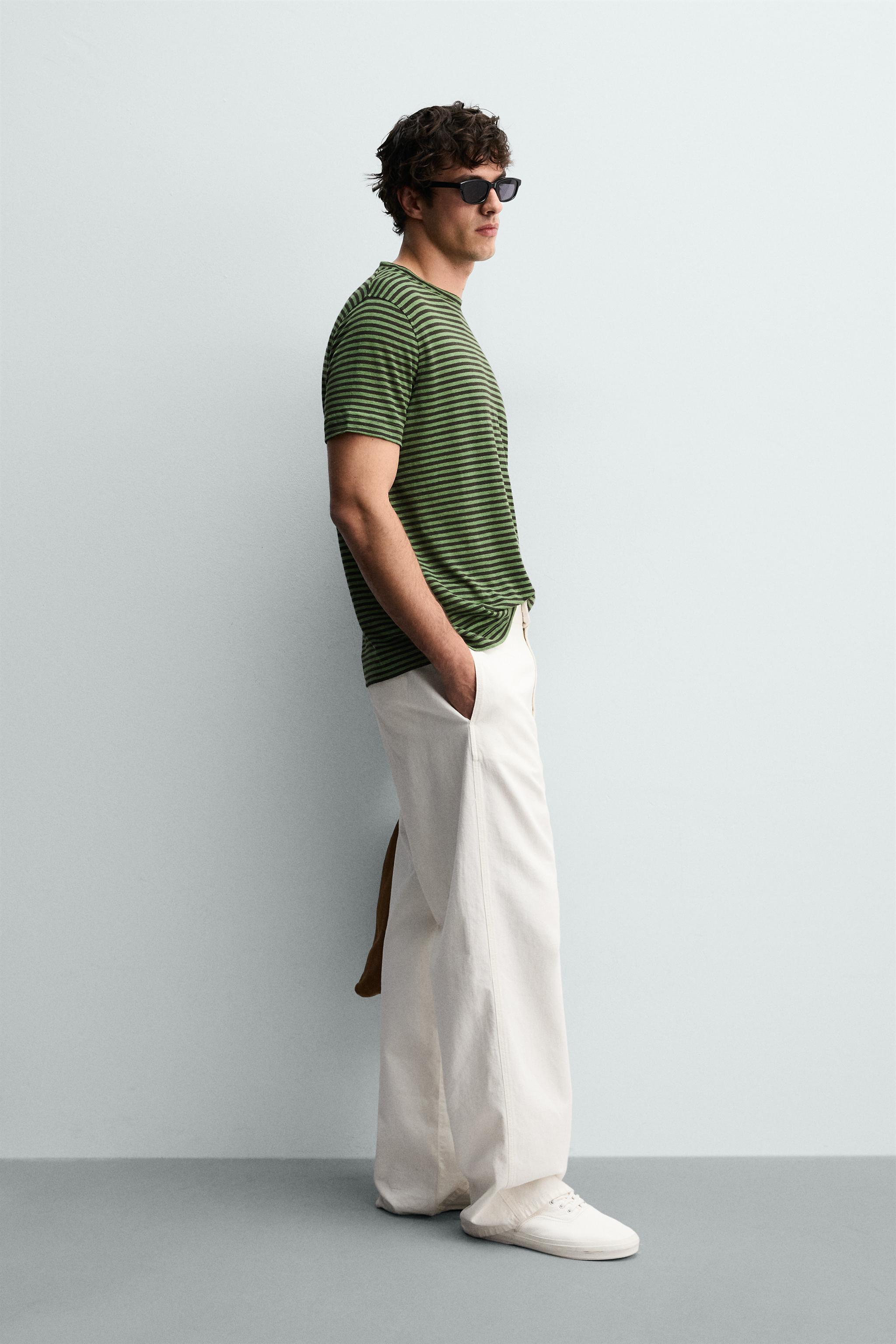 REGULAR FIT STRIPED LINEN BLEND T-SHIRT