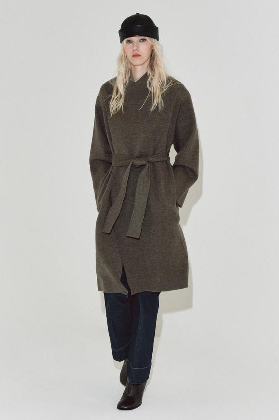 KNIT BELTED COAT - Brown / Taupe by Zara - Image 0
