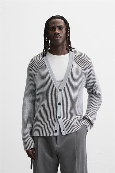 CONTRAST RIBBED CARDIGAN - Blue by Zara