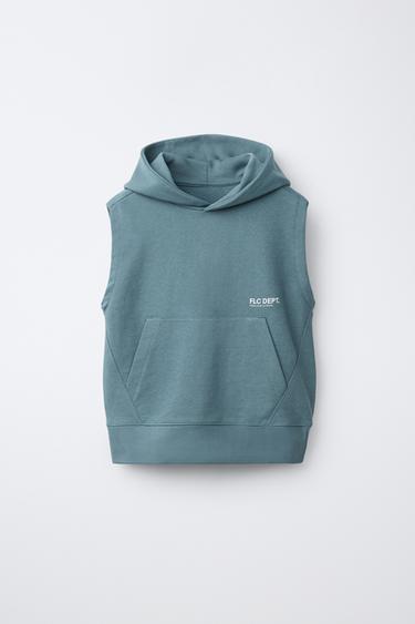 CHALECO CAPUCHA FELPA TEXTO - Azul pato de Zara - Imagen 0