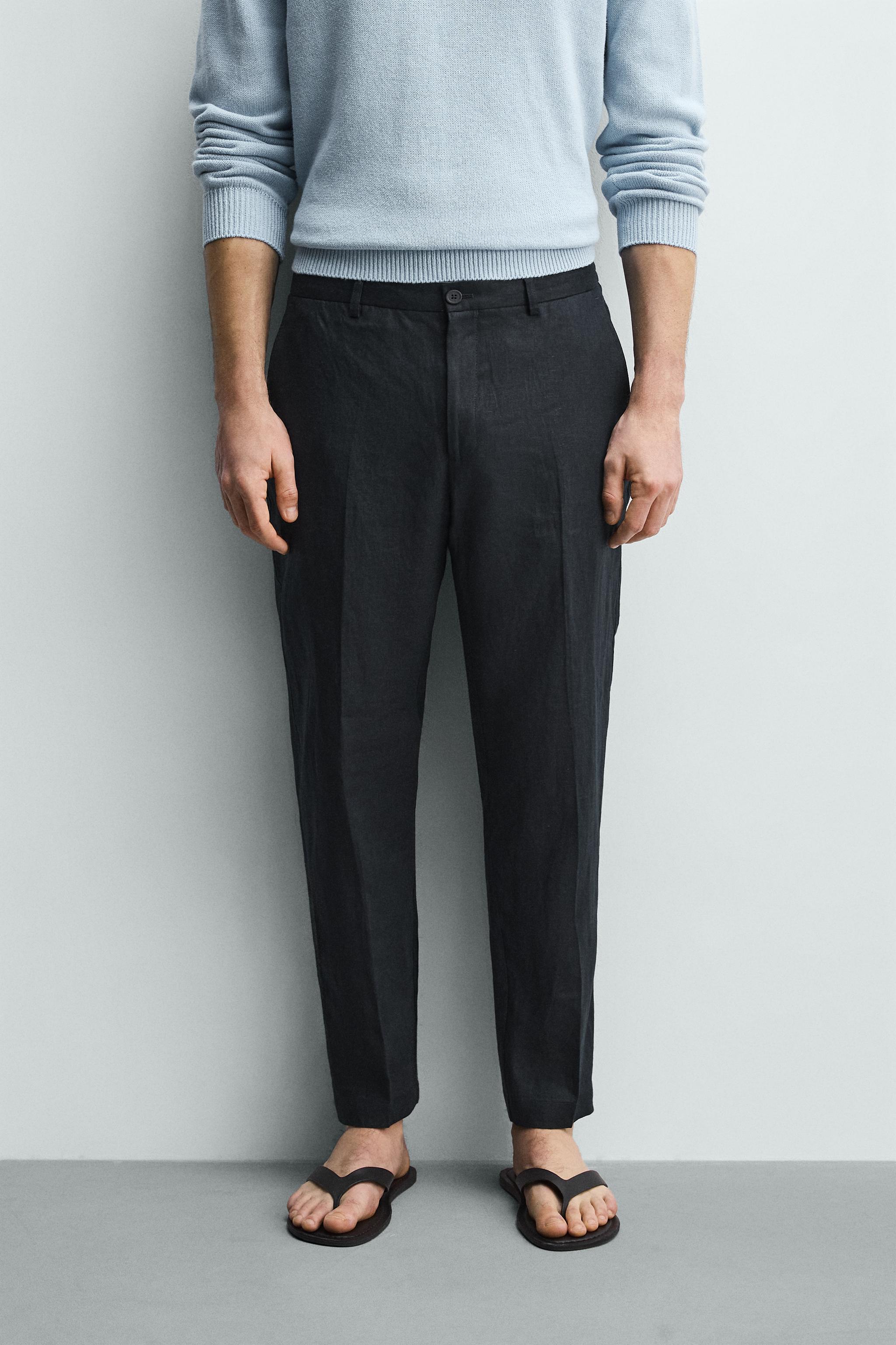 100% LINEN REGULAR FIT PANTS — Navy blue