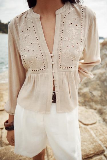 SHORT BLOUSE WITH CUTWORK EMBROIDERY - Sand by Zara