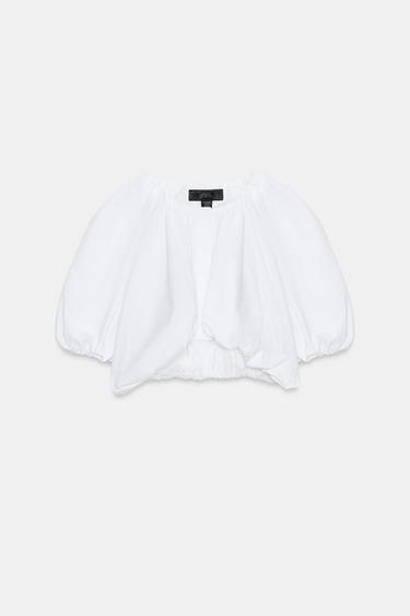 PUFF SLEEVE POPLIN CROP TOP - White by Zara - Image 3