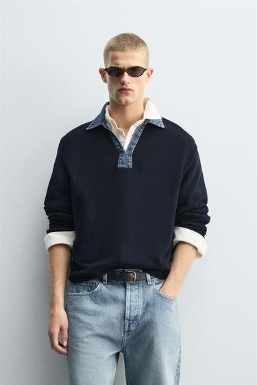 POLO DE PUNT AMB COLL COMBINAT DENIM - Marí de Zara