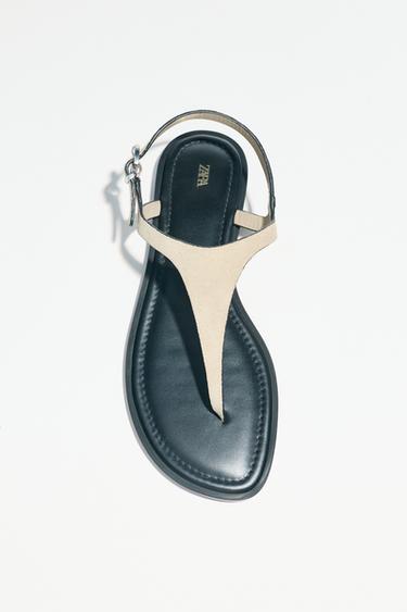 Zara LEATHER BUCKLE STRAP SANDALS - Sandy Brown
