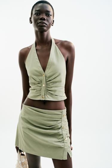 GATHERED LINEN BLEND SKORT - Light khaki by Zara - Image 1