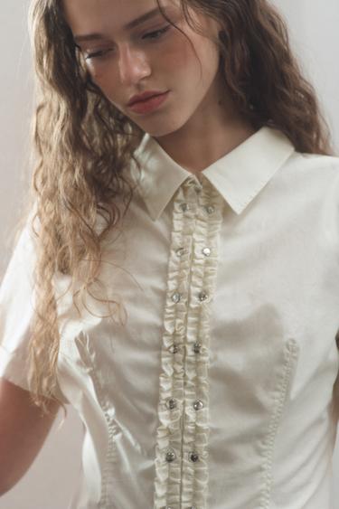 POPLIN SHIRT WITH STUDDED RUFFLES - Ecru by Zara - Image 2