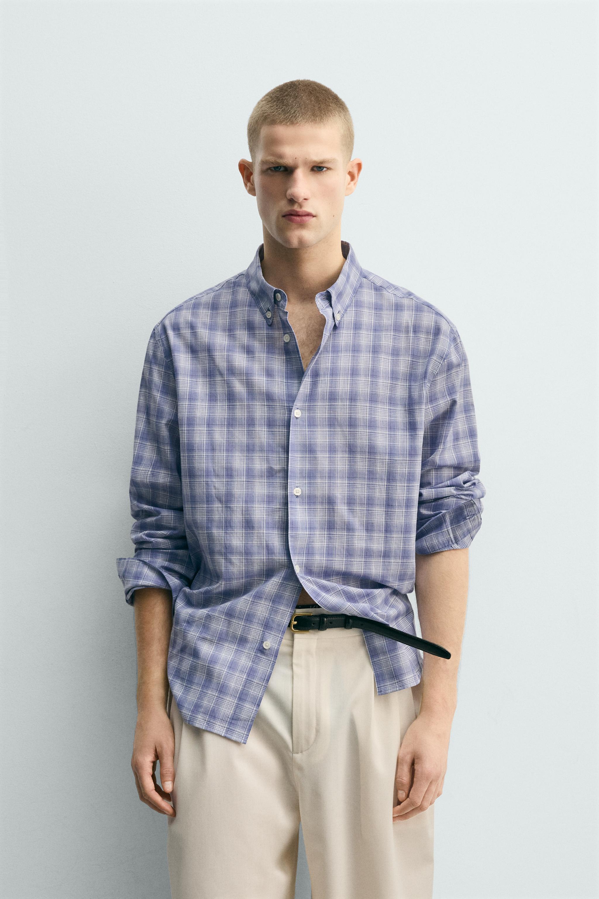 RELAXED FIT PLAID SHIRT — Blue marl