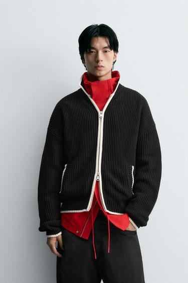 CONTRAST RIB KNIT CARDIGAN - Black by Zara