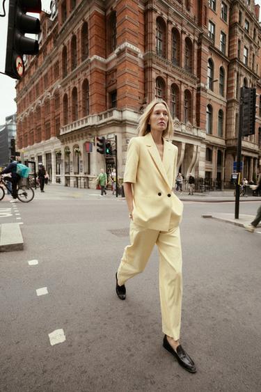 Zara TEXTURED STRAIGHT LEG PANTS - Butter