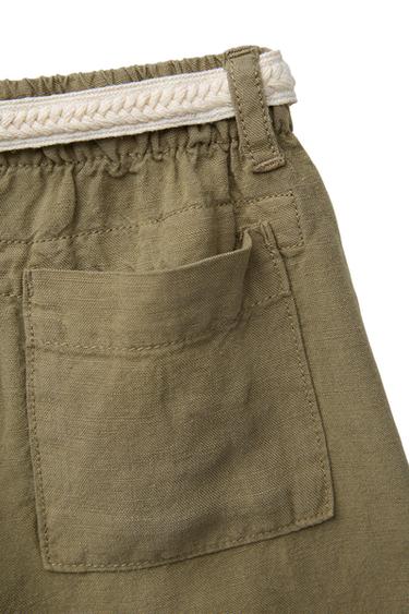 Zara LINEN-BLEND DRAWSTRING BELT SHORTS - Khaki