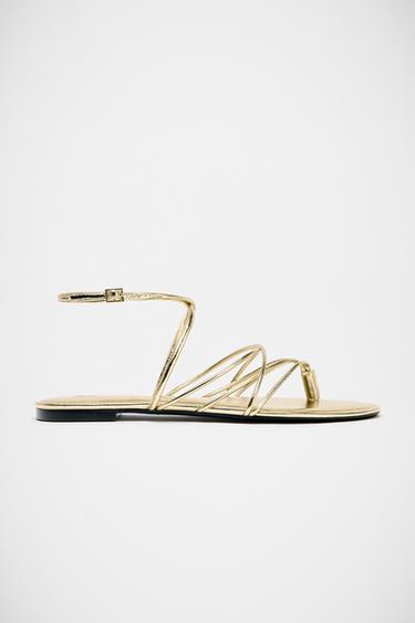 Zara GOLD STRAPPY FLAT SANDALS - Gold
