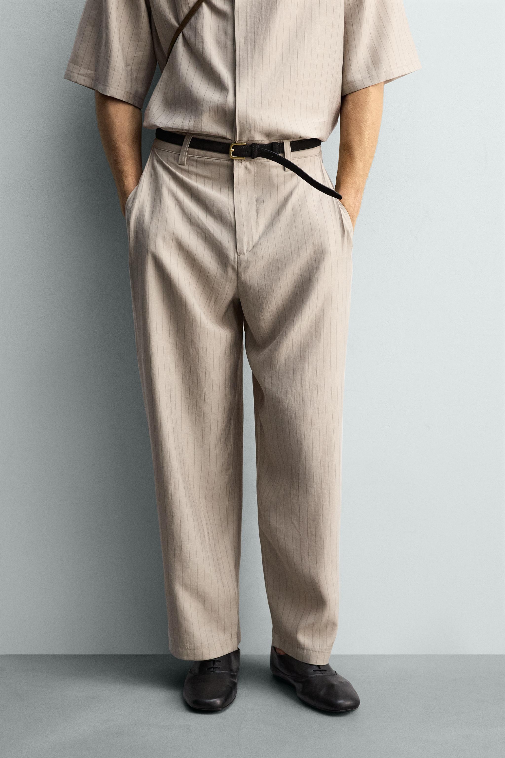 FLOWY SIDE PLEAT PANTS — Gray / Tan