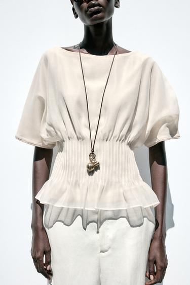 Zara COMBINATION ORGANZA KNIT TOP - Ecru - Image 0