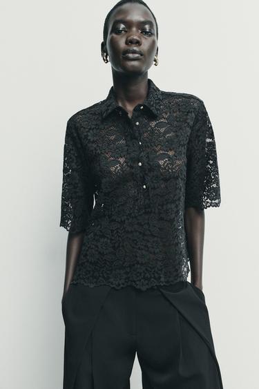 CAMISA ENCAJE MANGA CORTA - Negro de Zara - Imagen 0