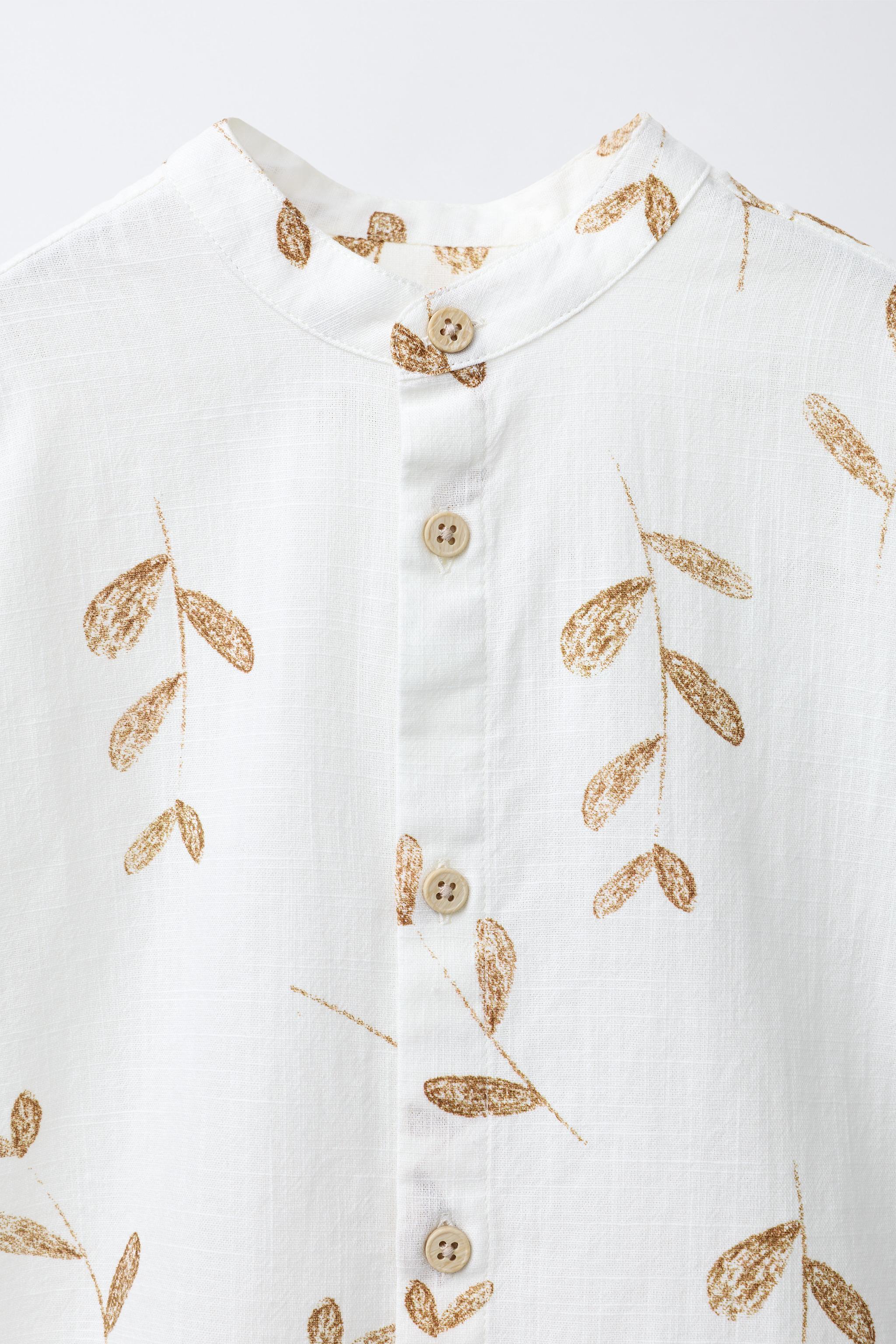 LEAF PRINT MANDARIN COLLAR SHIRT