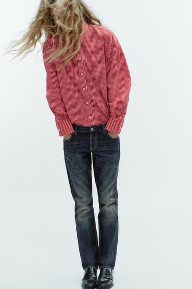 OVERSIZE CHECK POPLIN SHIRT - White / Red by Zara