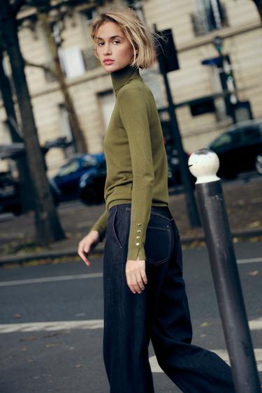 Zara BASIC BUTTONED KNIT SWEATER - Moss green