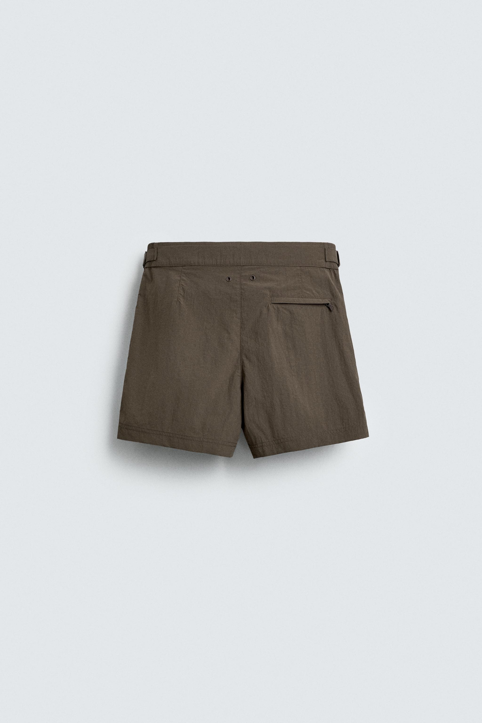 MID-LENGTH SWIMMING TRUNKS WITH BELT LOOPS — Brown