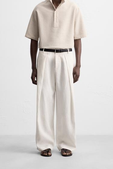 100% LINEN PLEATED TROUSERS - Oyster-white by Zara
