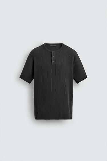 Zara WASHED KNIT HENLEY SHIRT - Black