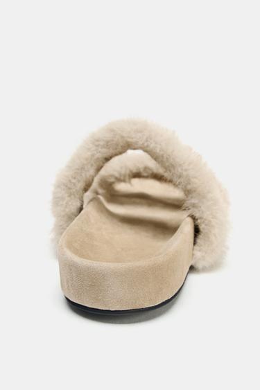FLAT SANDALS WITH SHEEPSKIN EFFECT - Beige by Zara - Image 4