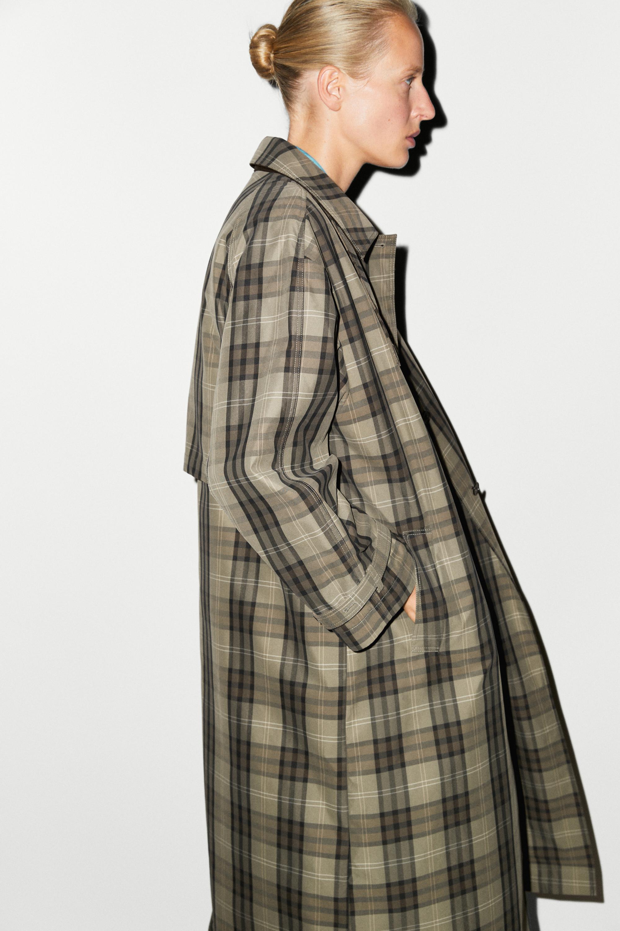 Long cotton blend plaid trench coat