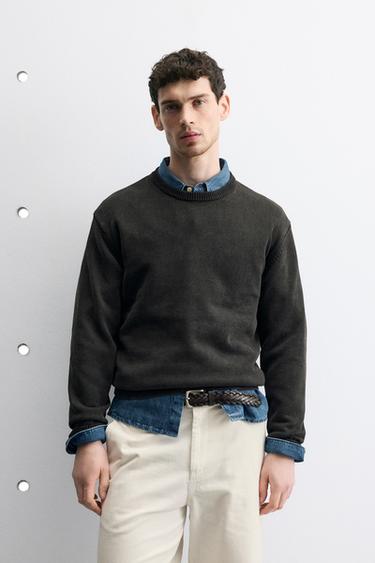 Zara WASHED COTTON TEXTURED JUMPER - Black