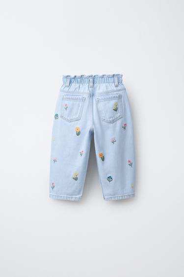 JEANS BAGGY PAPERBAG FLORES BORDADAS - Azul de Zara