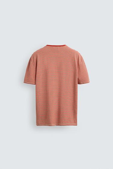 REGULAR FIT STRIPED KNIT T-SHIRT - White / Red by Zara - Image 7