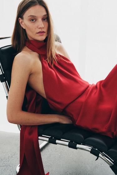 ROBE HALTER SATINÉE ZW COLLECTION - Rouge de Zara - Image 4