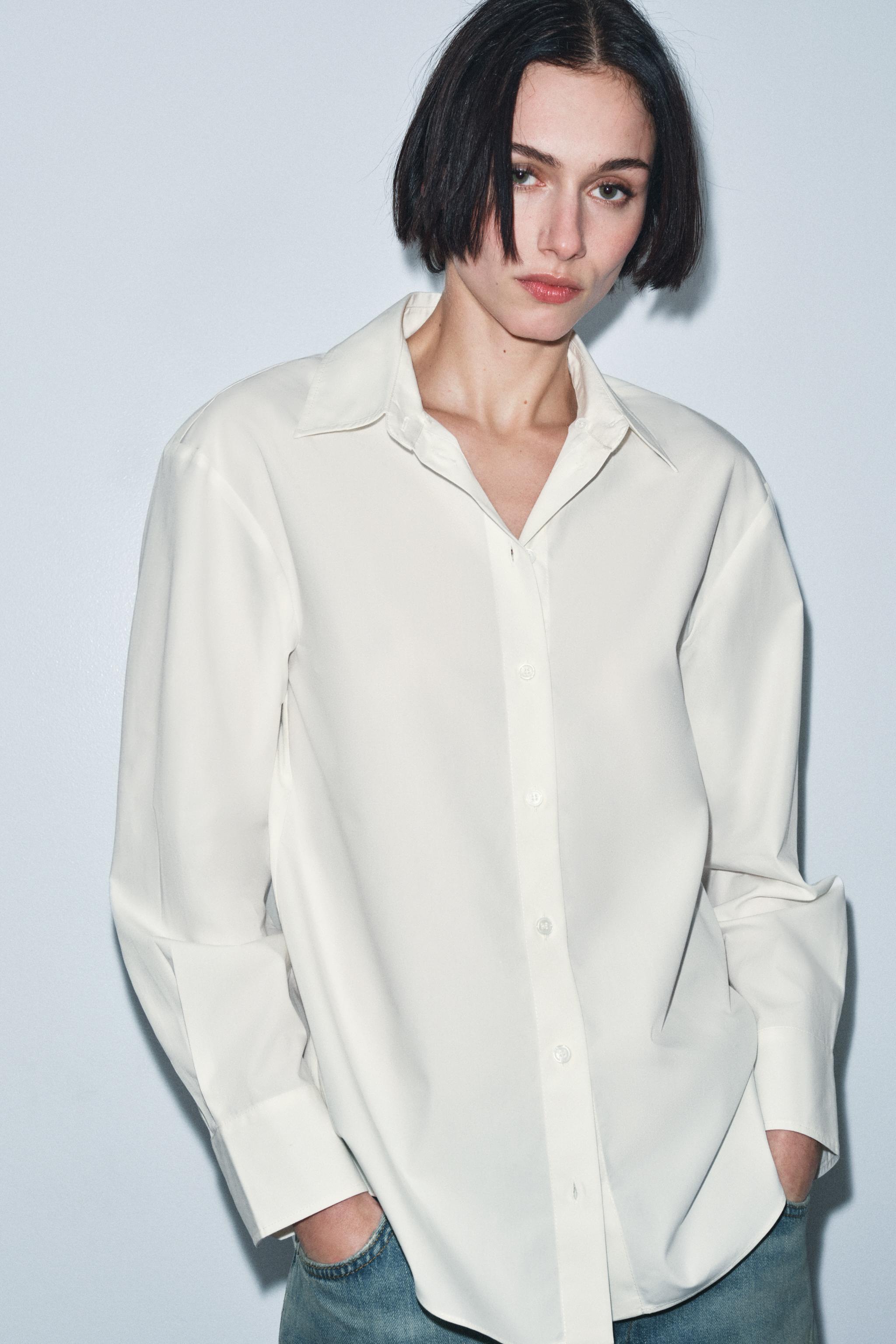 CAMISA DE POPELINE COM GOLA FAUX FUR ZW COLLECTION - Creme | ZARA