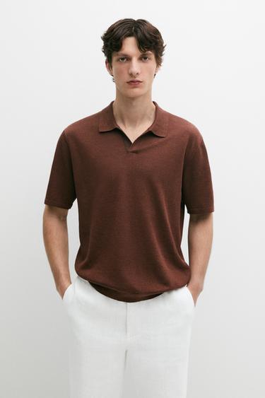 Zara Linen V-neck polo sweater - Russet