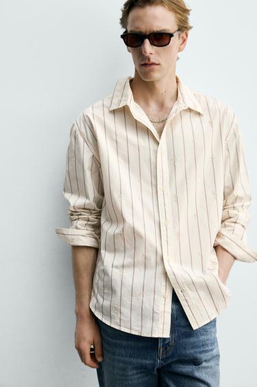STRIPED SHIRT WITH FLORAL EMBROIDERY - Ecru by Zara - Image 4