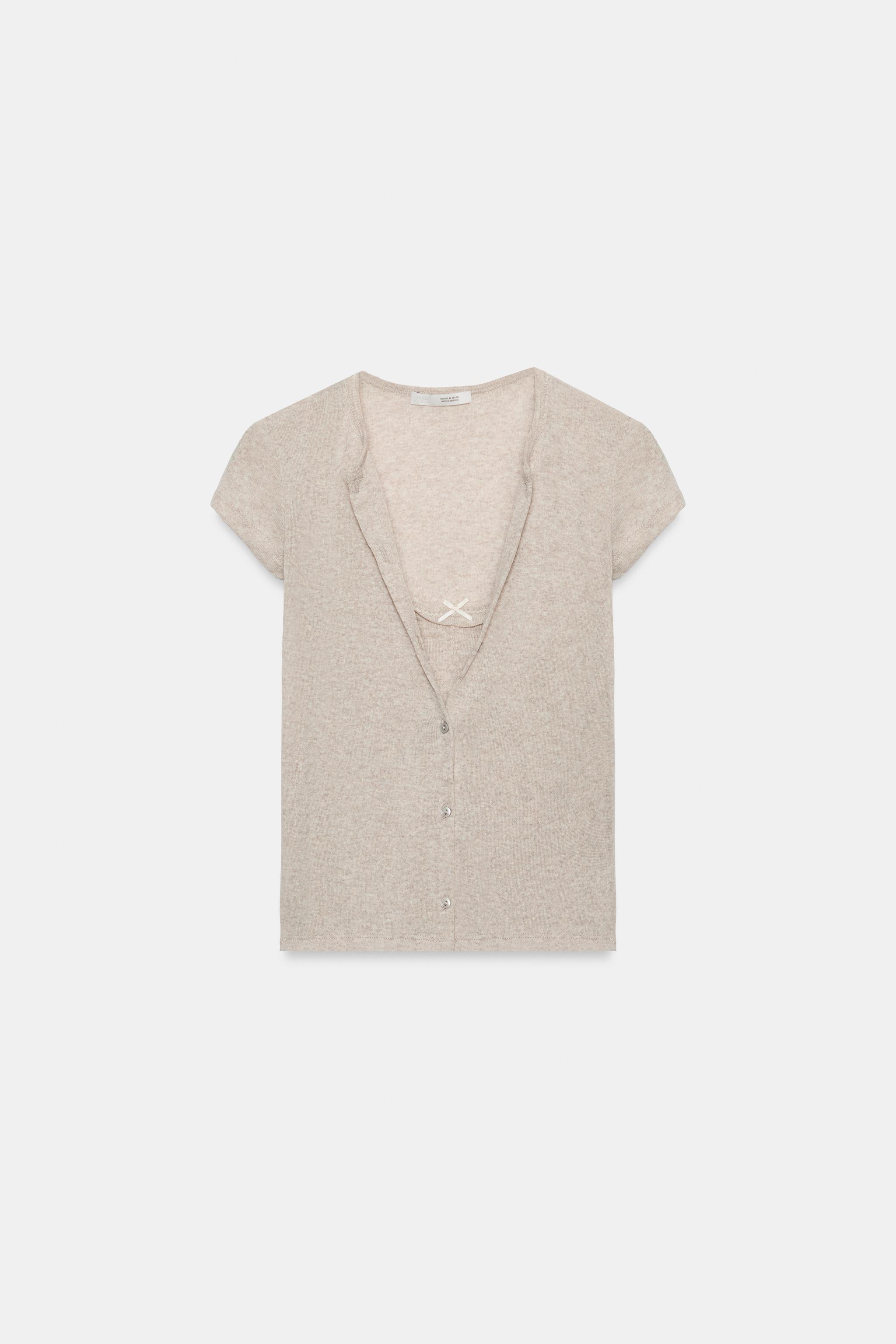 COMBINATION BOW JACKET TOP — Beige marl