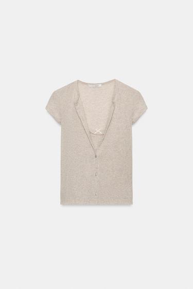 Zaras KOMBINERAD TOPP OCH JACKA MED ROSETT - Beige med gråmelering