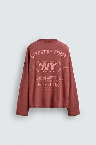 RELAXED FIT COTTON/LINEN TEXT T-SHIRT - Red by Zara