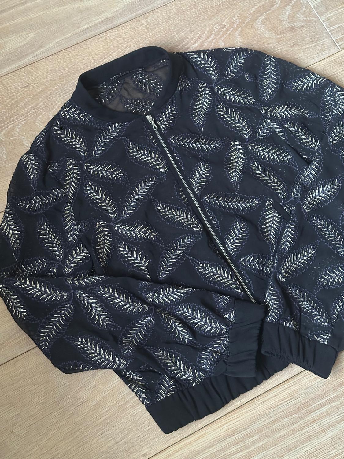 BLACK SHEER BOMBER JACKET WITH GOLD LEAF EMBROIDERY - Image 2