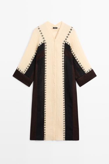 Zara Linen blend embroidered kaftan dress - Brown - Image 0