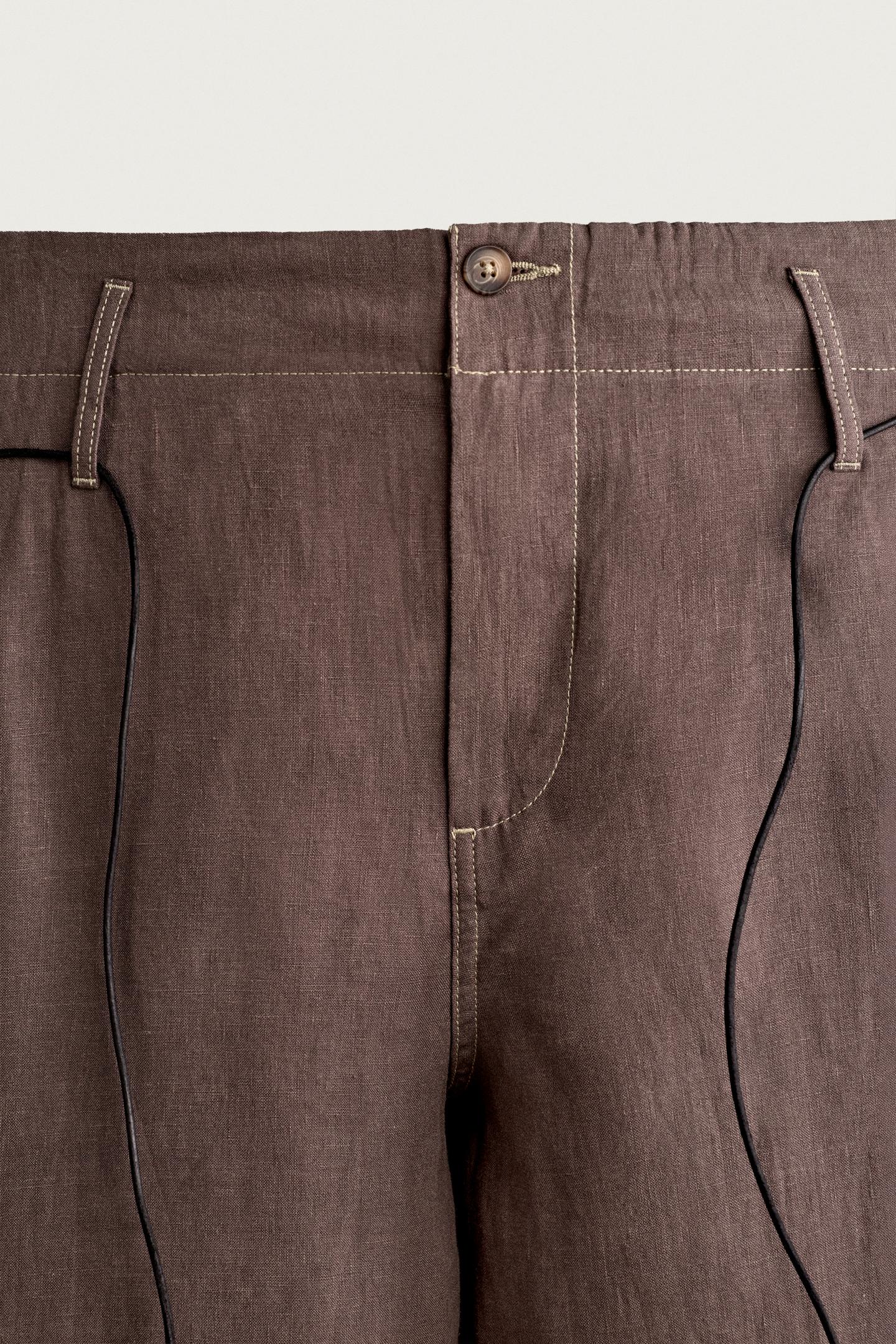 Мужские брюки Zara 100% Linen Relaxed Fit, цвет: Коричневый — фото 8