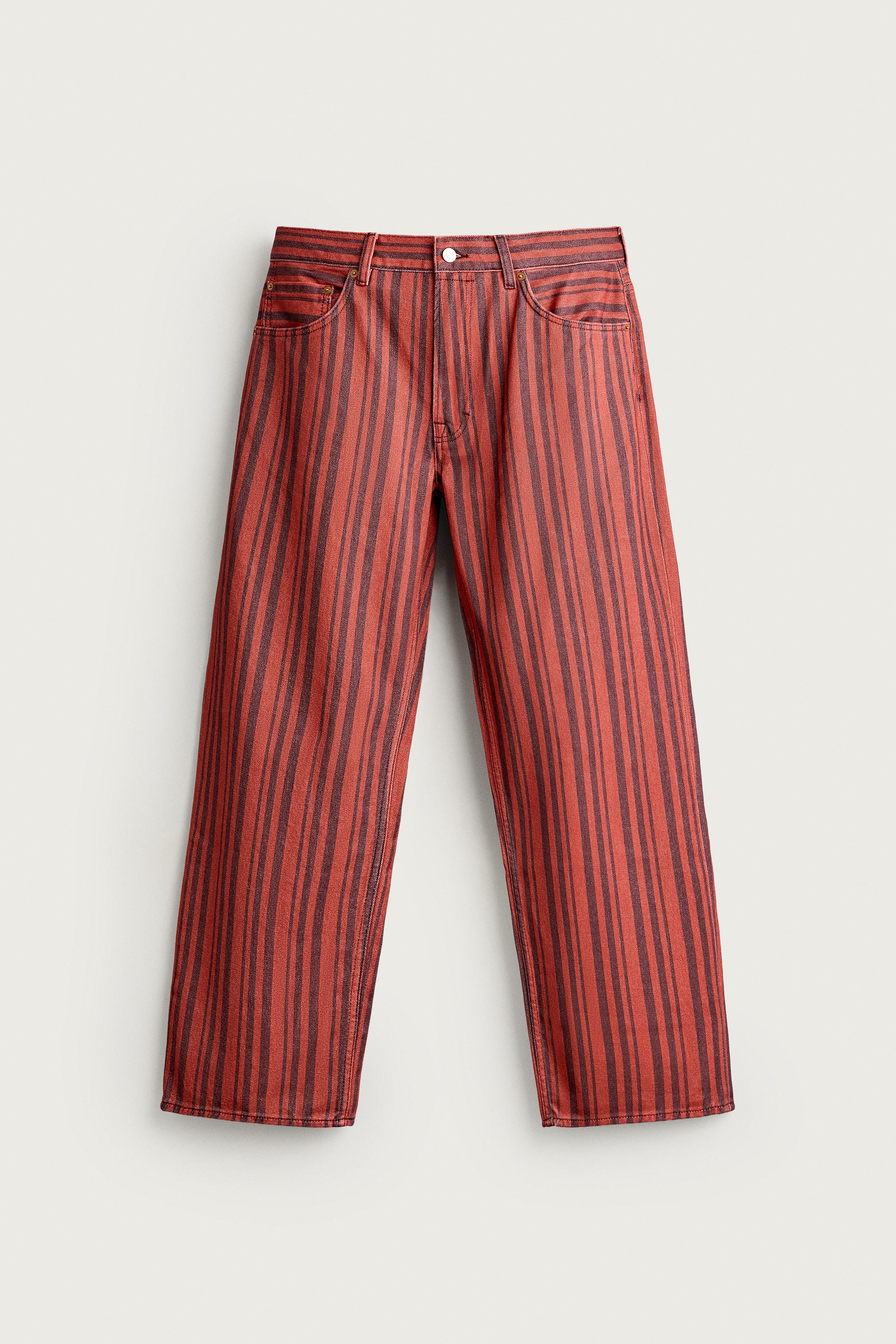 STRIPED STRAIGHT FIT PANTS — Red