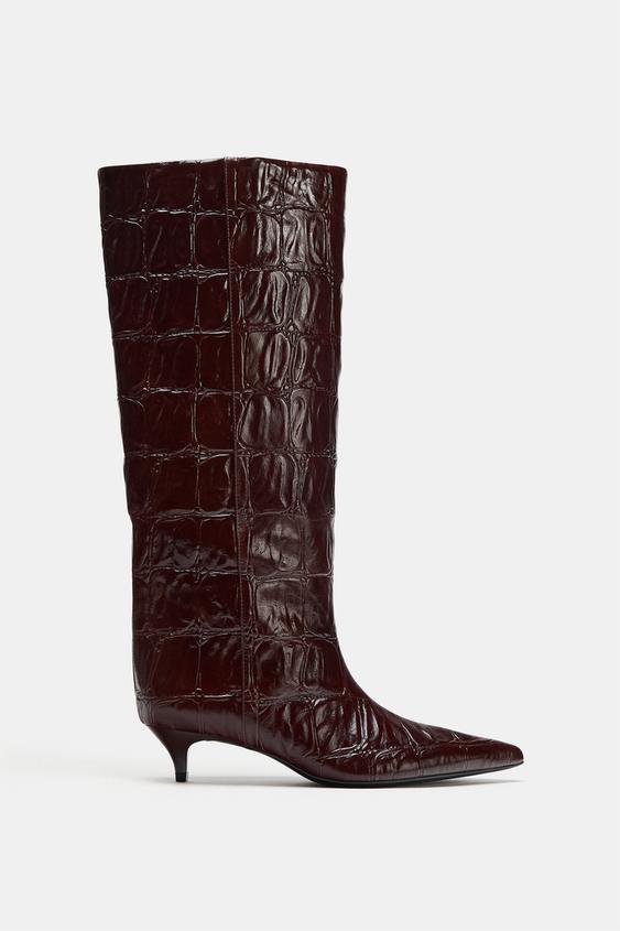 Zara LEATHER ANIMAL PRINT BOOTS - Burgundy Red - Image 0