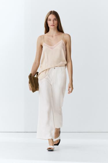 Pantalon flare cropped 100 % lin - Blanc cassé de Zara