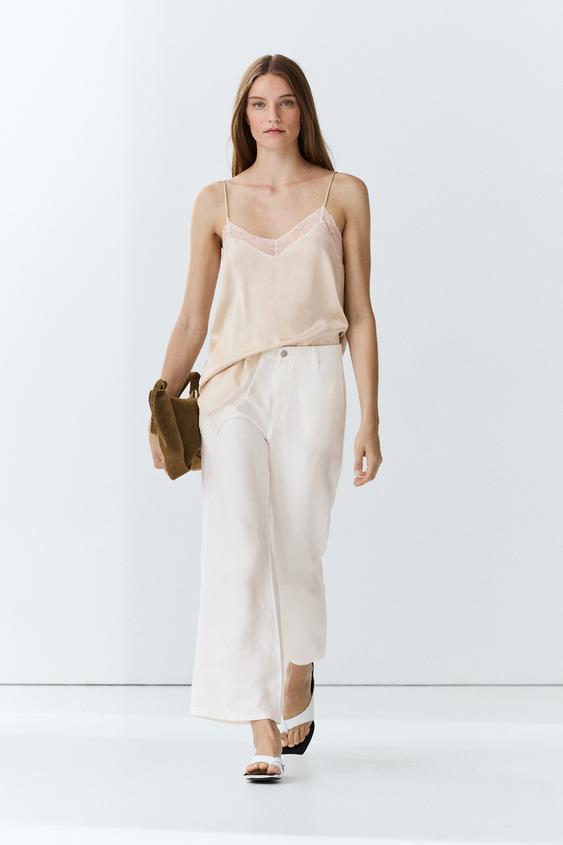 Zara 100% linen cropped flare fit pants - Oyster-white - Image 0