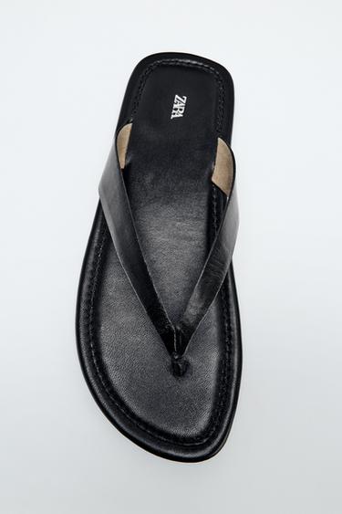 Zara FLAT LEATHER SANDALS - Black