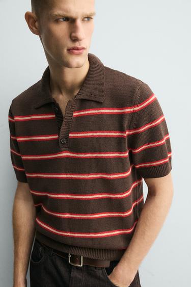 POLO EN MAILLE JACQUARD À RAYURES - Marron de Zara - Image 4