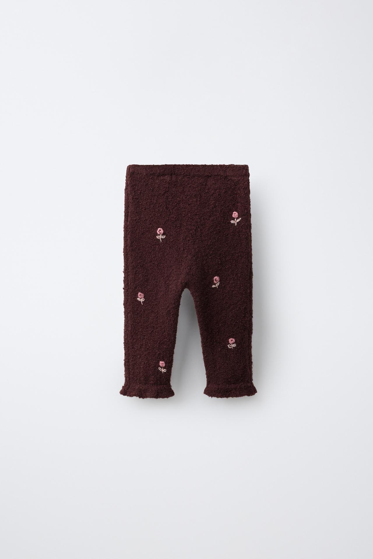 KNIT PANTS WITH RUFFLE AND DOTS — Dark burgundy