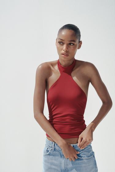 Zara POLYAMIDE HALTER TOP - Burgundy