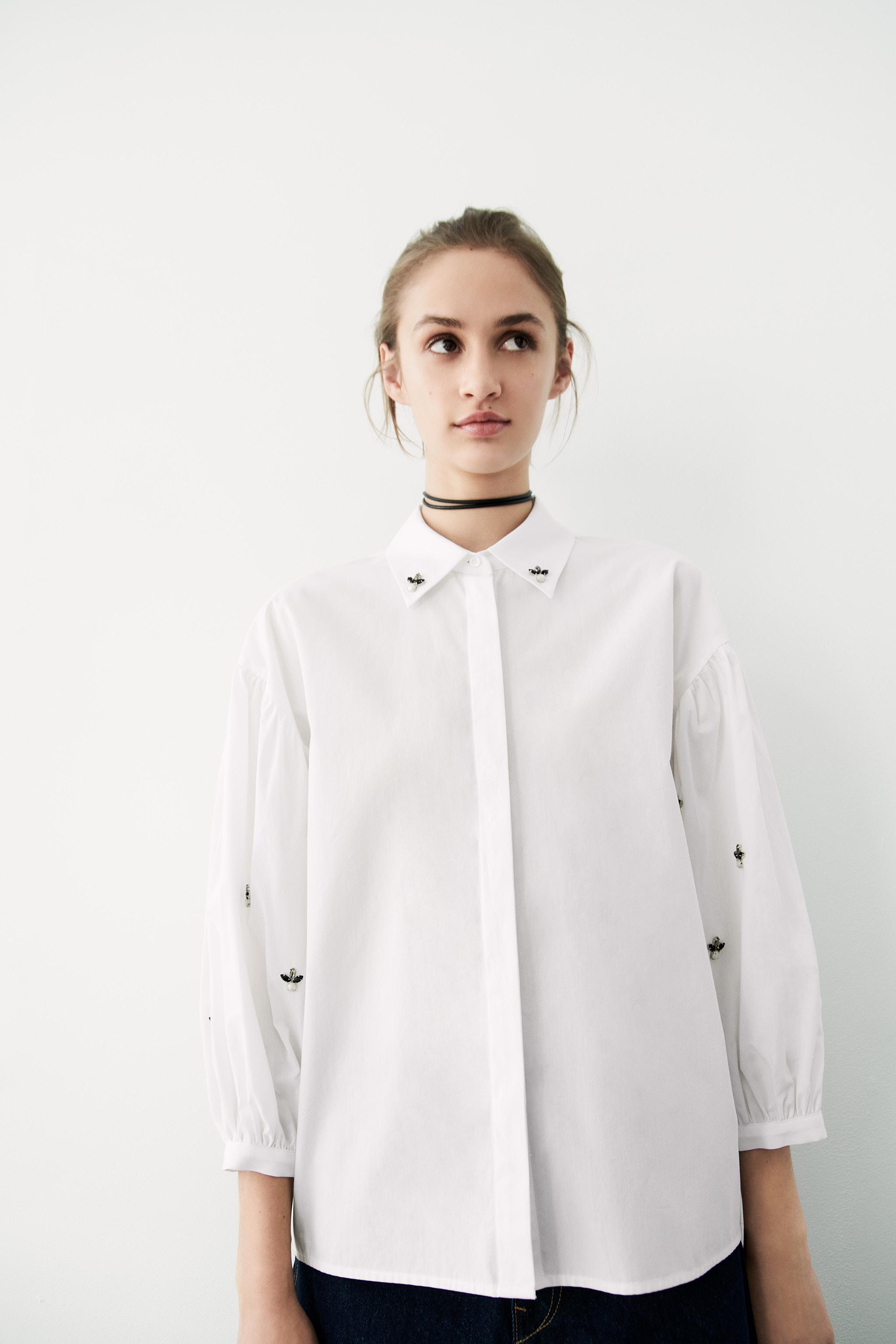 Zara White Peter outlet Pan Collar Black Gem Ribbon Blouse